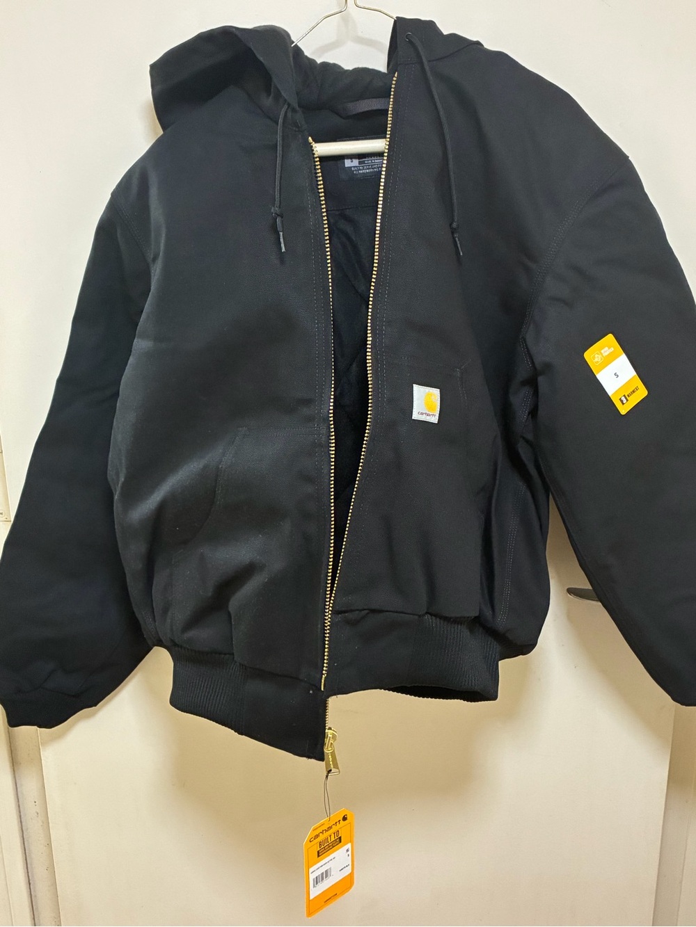 Carhartt Black Hooded Work Puffer Jacket with Gold Zipper